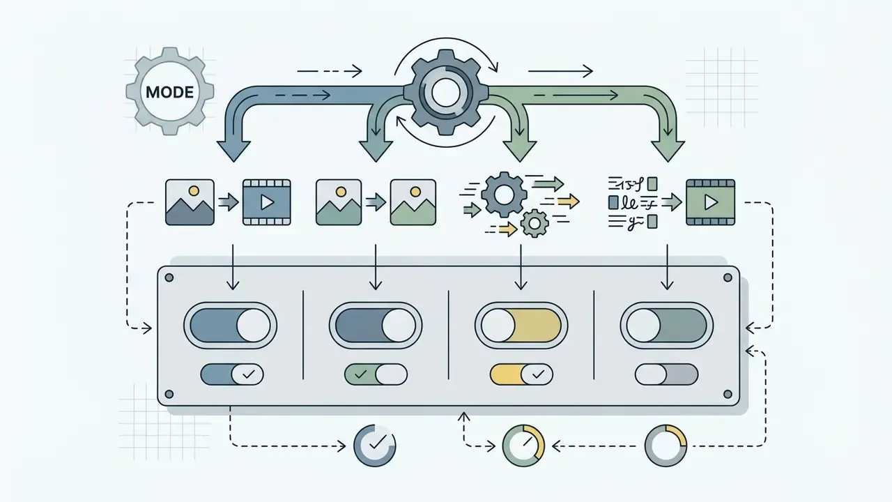 Central gear mechanism directing four distinct animation modes into a control panel with toggle switches