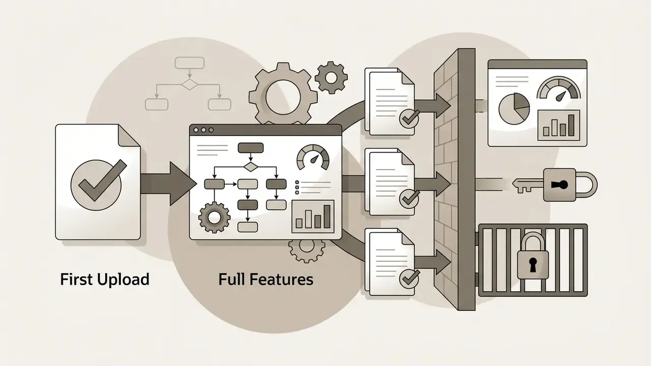 First upload passing through a processor to unlock full features before hitting a wall of gated content