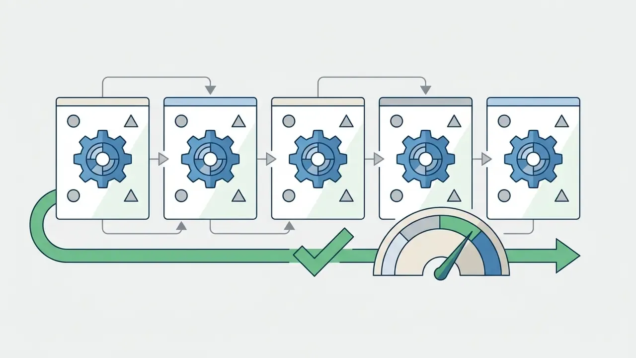 Five connected processing units with gears flowing into a checkmark and a performance gauge