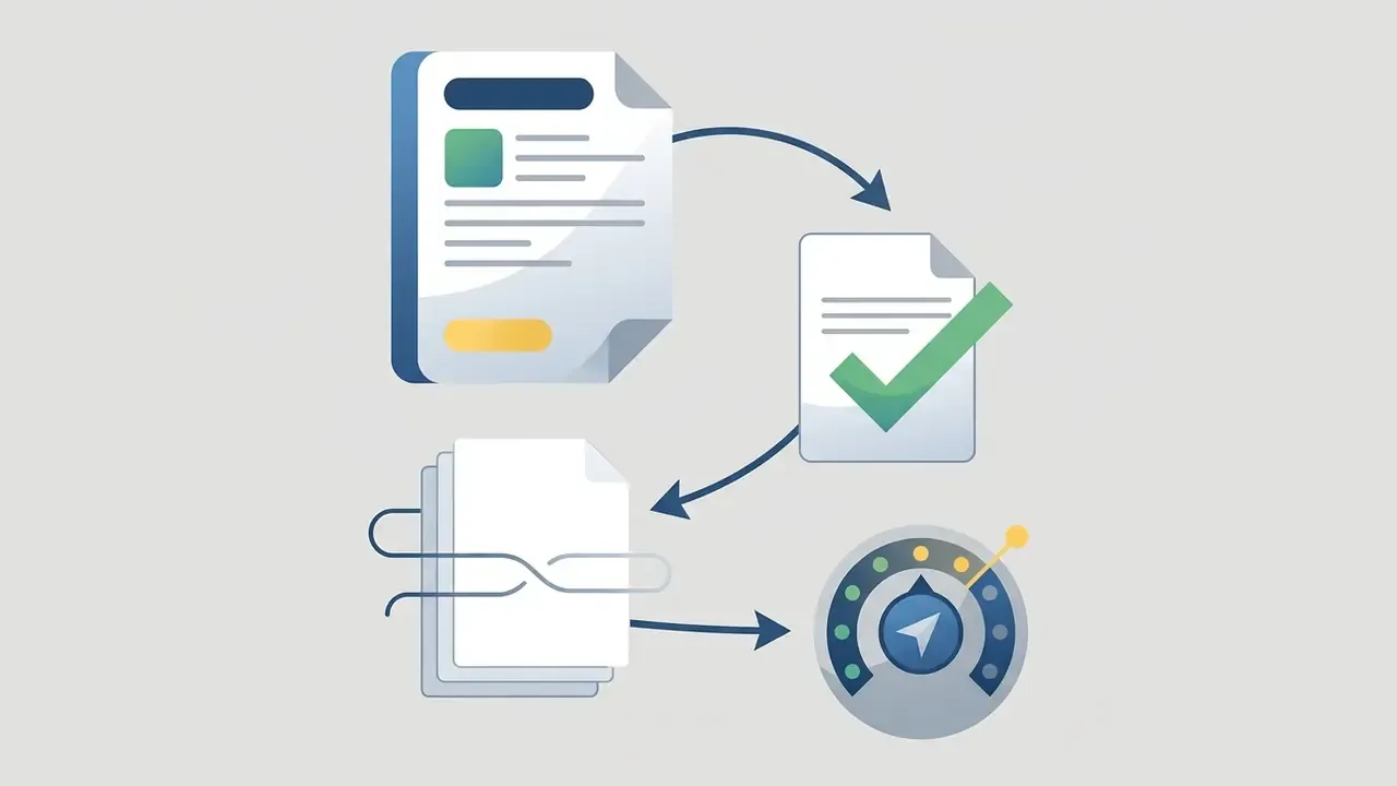 Sequence of document processing steps leading to a verified file and a performance gauge indicator