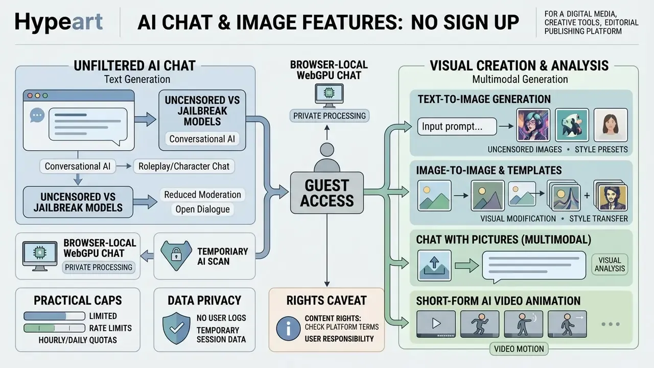 Infographic showing guest access to text generation, image creation, and visual analysis tools