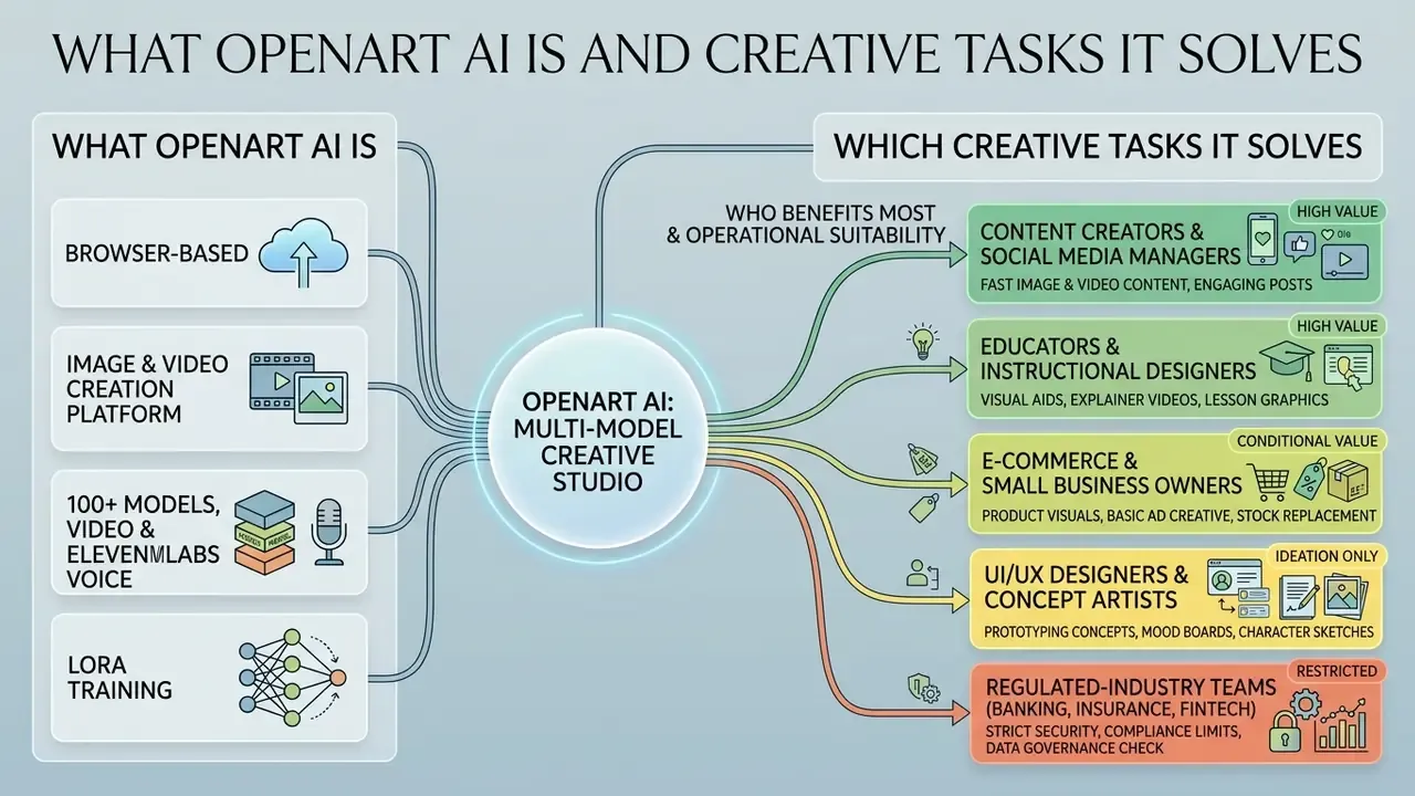 Infographic showing OpenArt AI as a creative studio connecting platform features to user tasks and roles
