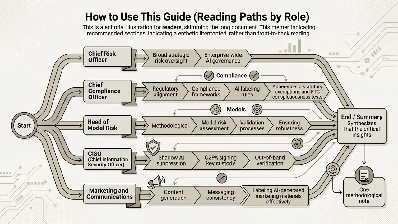 Flowchart showing customized reading paths for different professional roles to navigate synthetic media
