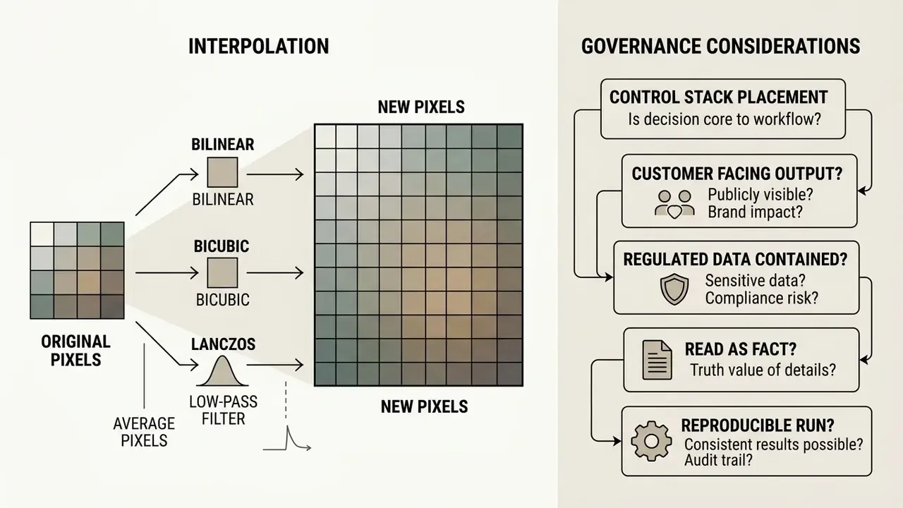 Diagram showing pixel interpolation methods alongside a checklist of governance considerations