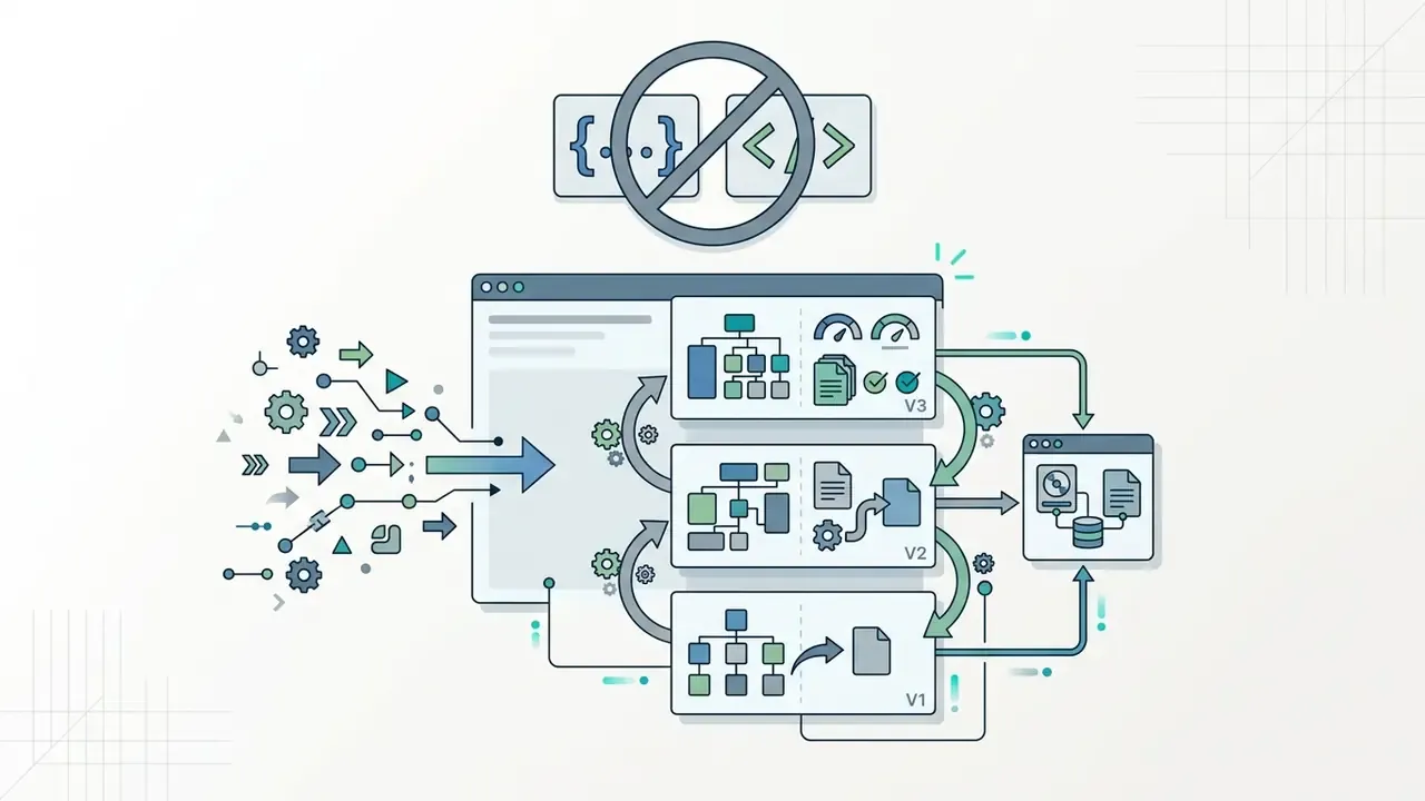 Icons of code brackets crossed out above a process flow showing versioned data migration and serialization