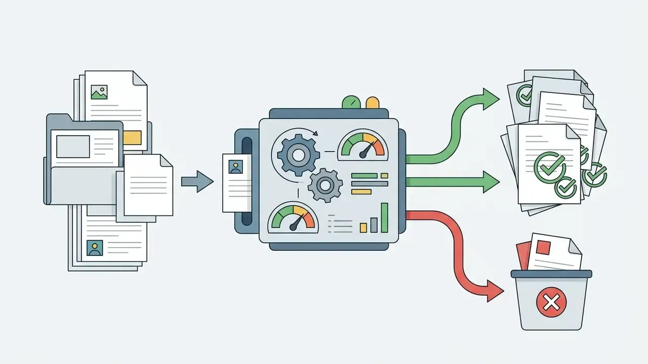 Documents entering a processing machine that sorts them into approved files or a rejection bin