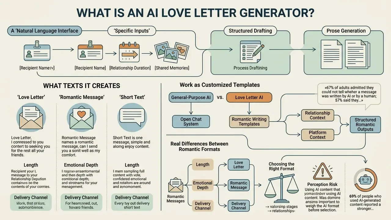 Flowchart detailing the process of an AI love letter generator from user inputs to final romantic prose
