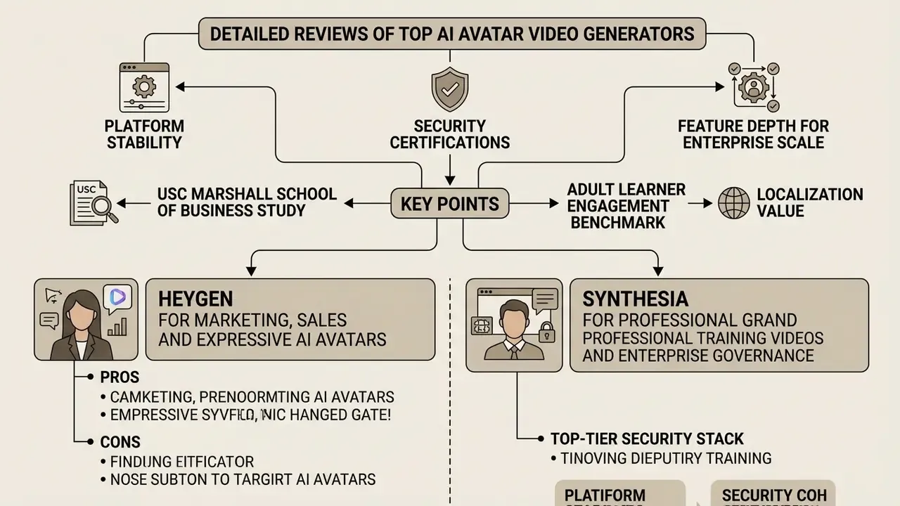 Flowchart outlining key evaluation points for HeyGen and Synthesia AI avatar video generator platforms
