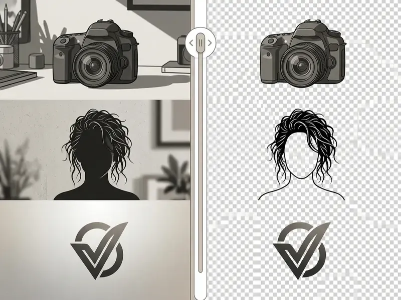 Interactive slider comparing original images with backgrounds to isolated subjects on a transparent grid