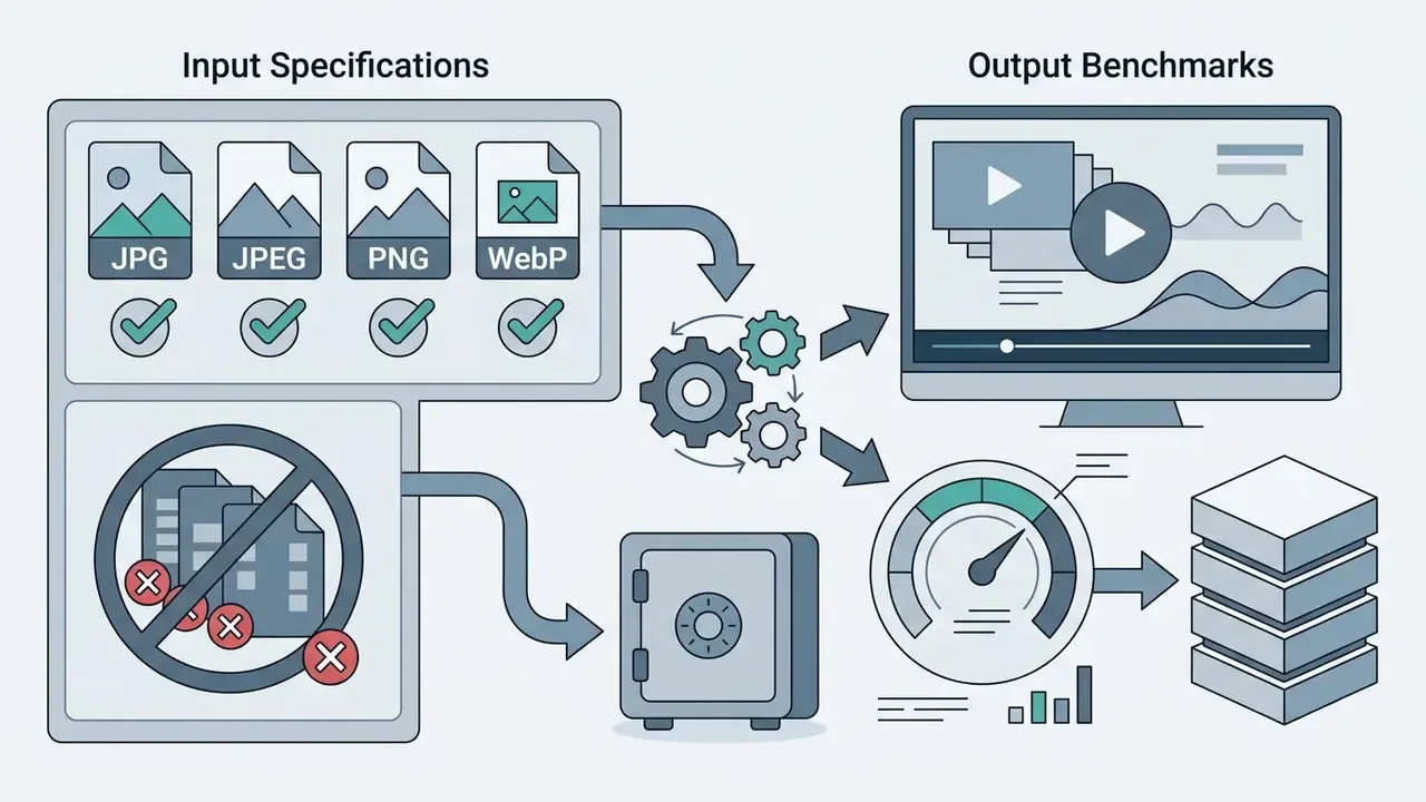 Icons showing supported file formats for processing and storage alongside a performance gauge