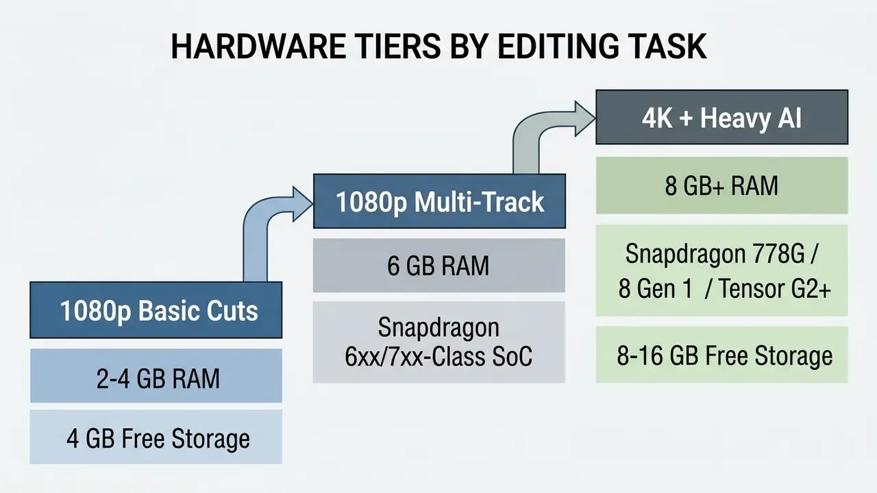 Step-by-step chart matching mobile hardware specifications to video editing tasks from basic to 4K