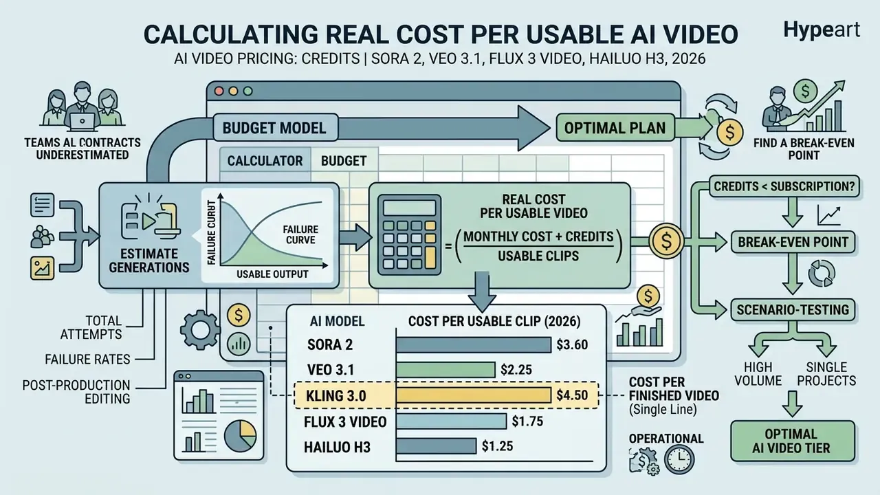 Process diagram calculating AI video costs by balancing generation estimates against model subscription fees
