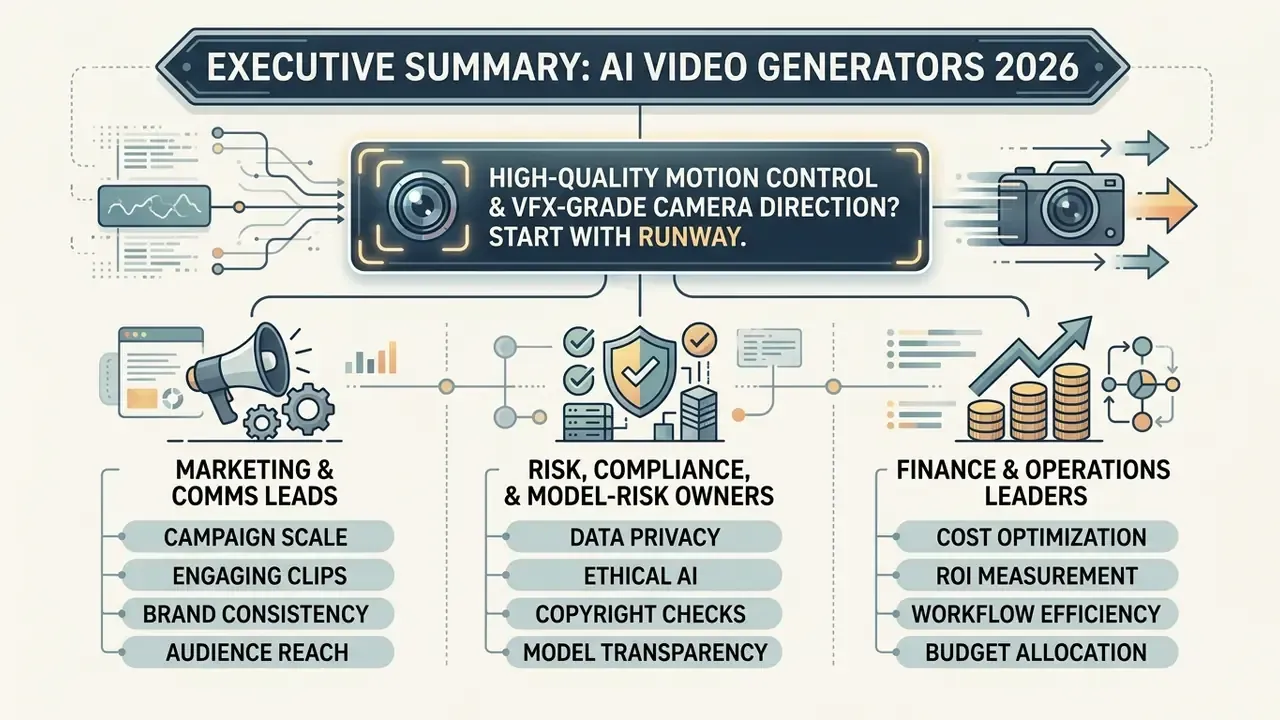 Infographic outlining AI video generator use cases for marketing, risk management, and finance leadership roles