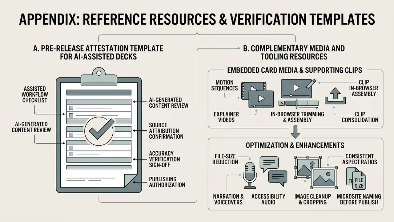 Diagram showing an attestation checklist for Gamma AI decks alongside media optimization and tooling workflows