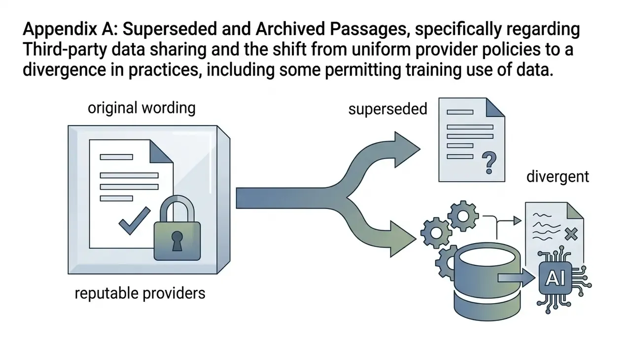 Document with a padlock splitting into a superseded file and a data processing path for AI training