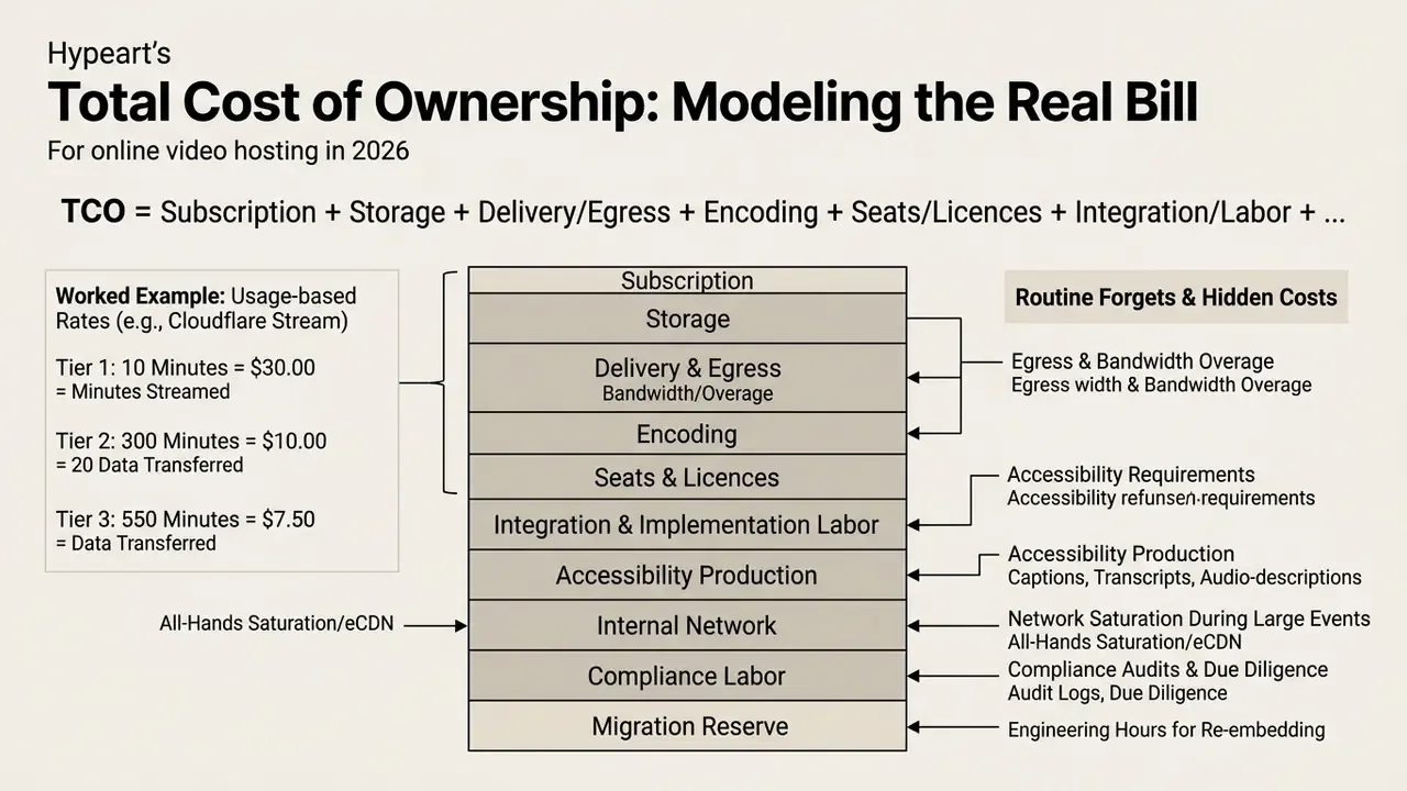 Stacked bar chart breaking down enterprise media expenses into subscription, storage, and hidden labor costs