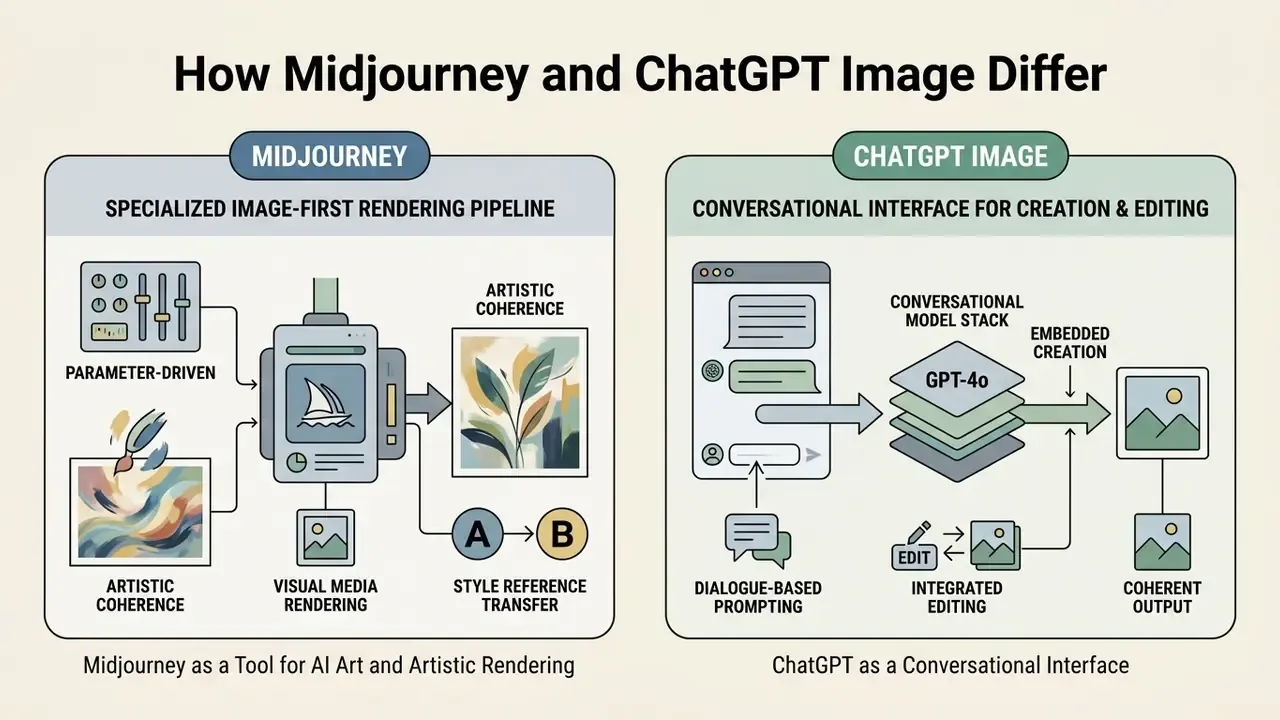 Diagram contrasting Midjourney as a parameter-driven rendering pipeline with ChatGPT as a conversational interface