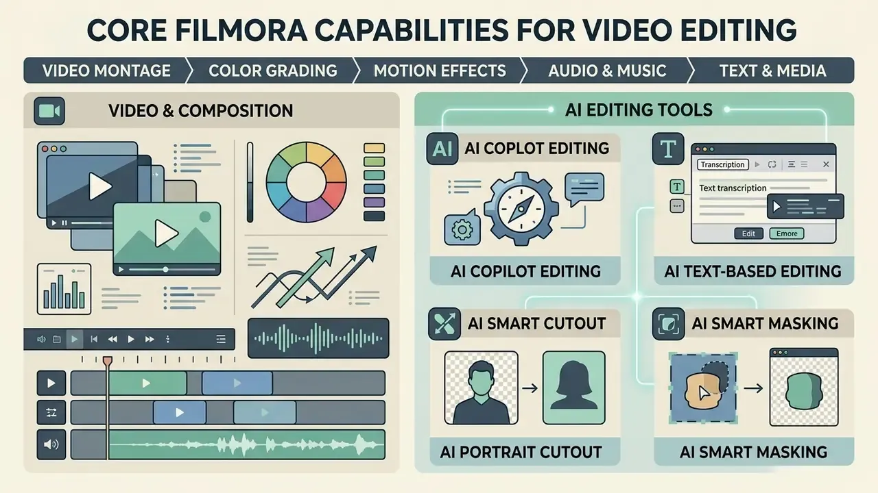 Infographic displaying Filmora video editor features including manual composition tools and AI editing functions