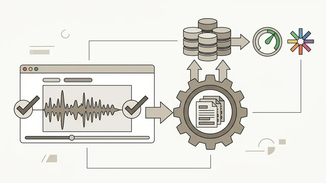 Audio waveform processing pipeline showing data storage, performance monitoring, and file export steps