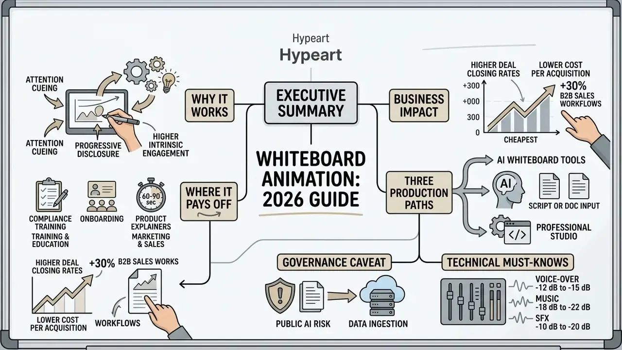 Hand-drawn mind map on a whiteboard outlining the benefits, production paths, and use cases of whiteboard animation