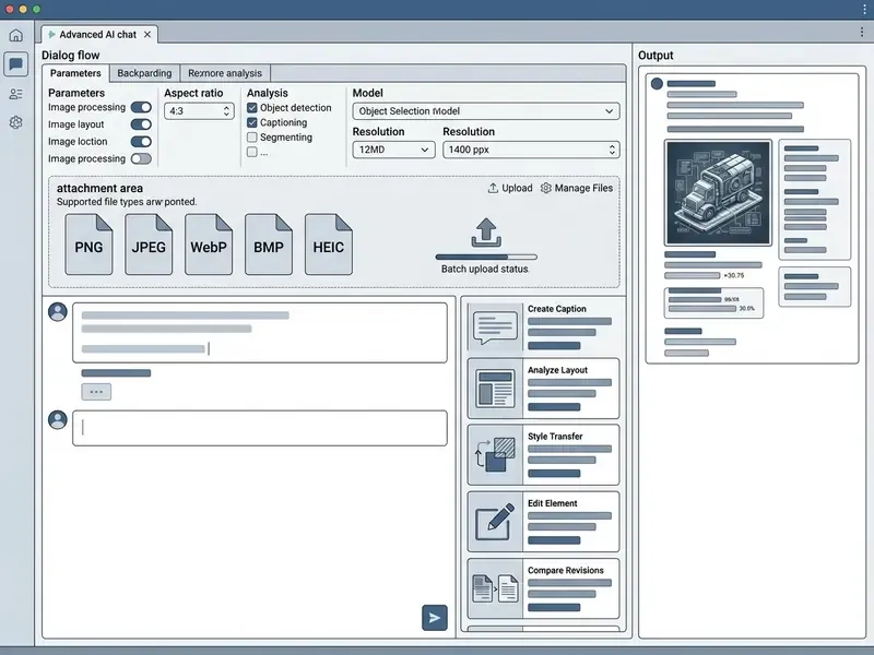 Software interface showing parameter settings, file upload options, and a side panel for output results