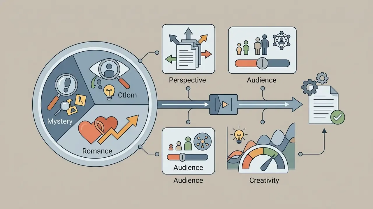 Genre segments feeding into perspective, audience, and creativity settings that generate a finished document