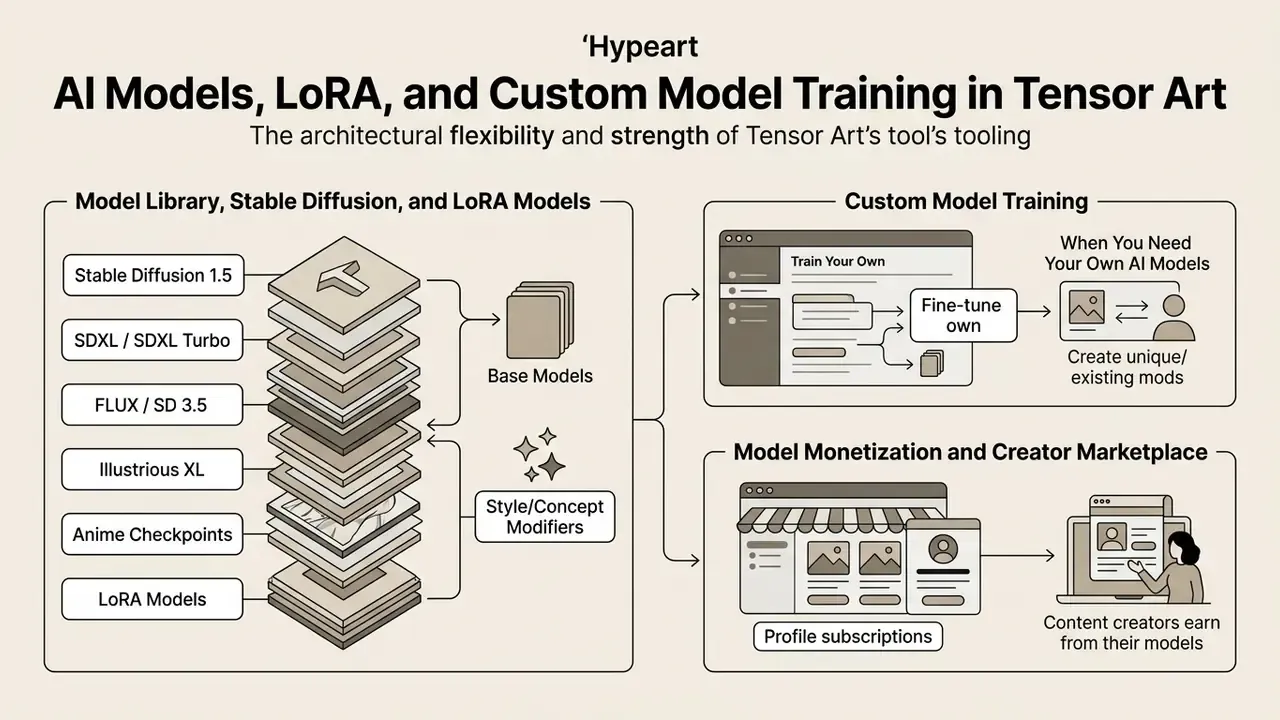 Summary of model libraries, custom training workflows, and creator marketplace features for image generation