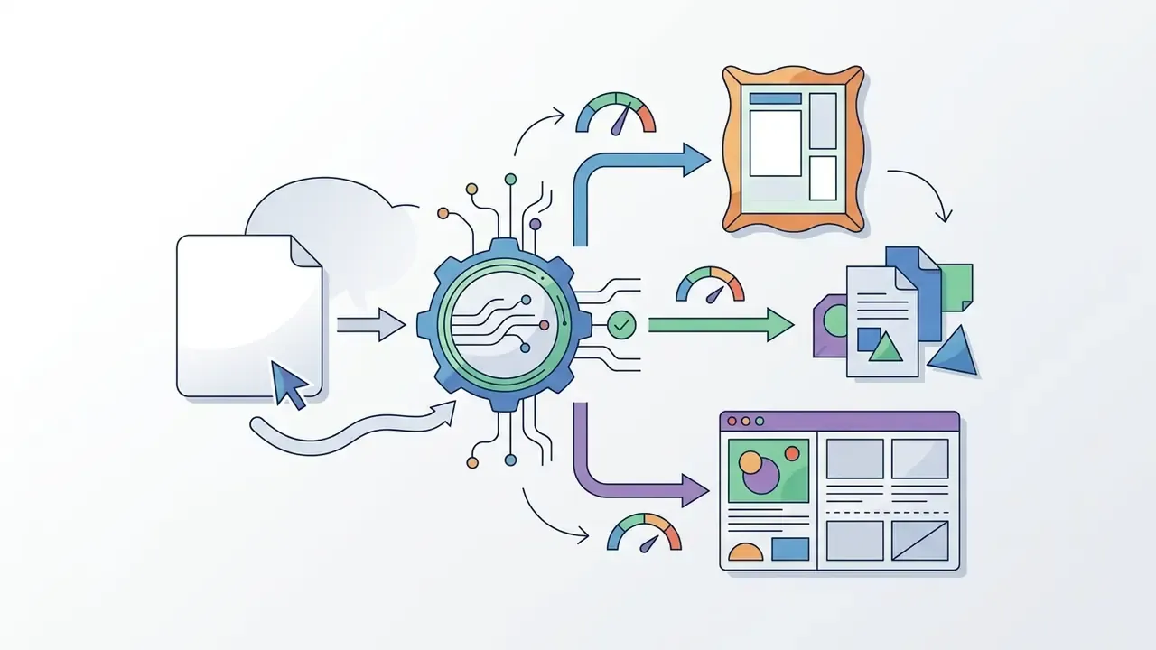 Central gear icon processing input files into framed art, marketing assets, and synthetic web layouts