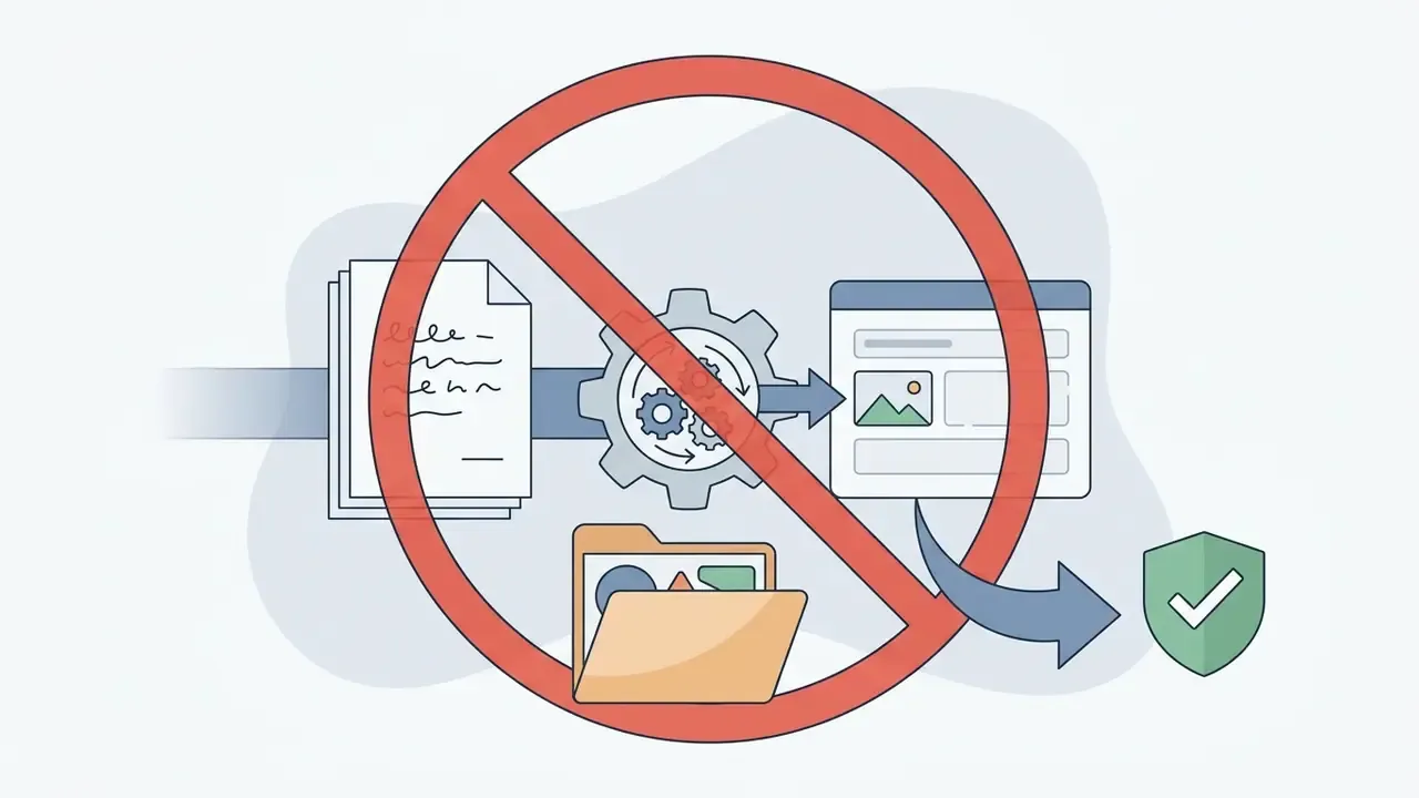 Prohibition symbol over a document processing workflow icon representing restricted data inputs