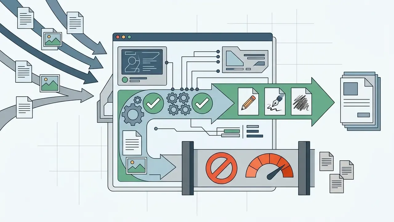 Data streams flowing into a central processor that filters approved artistic outputs and blocks others