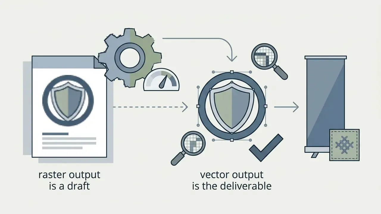 Workflow showing a pixelated raster logo draft being converted into a clean scalable vector graphic