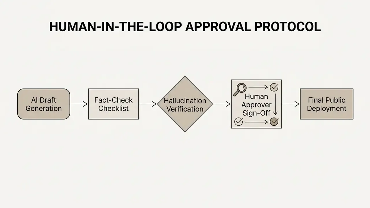 Sequential process steps from AI draft generation through verification to final human sign-off