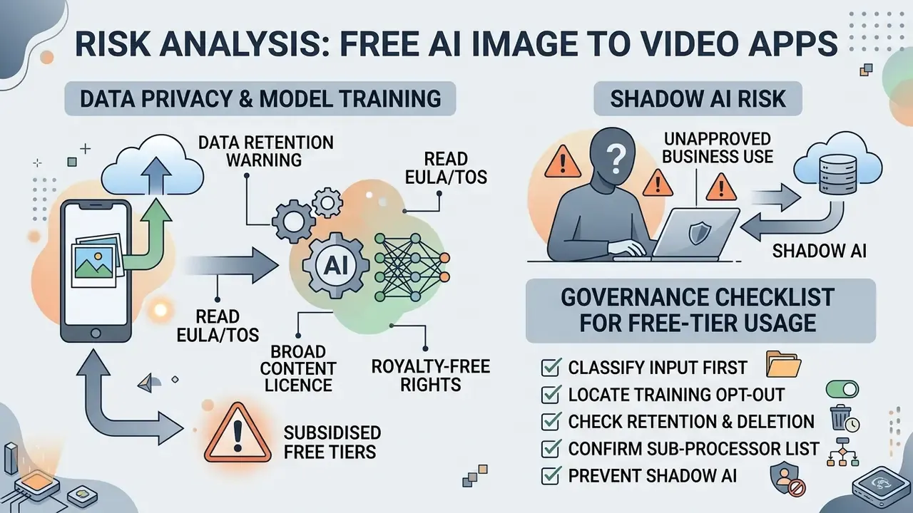 Infographic outlining privacy risks and a governance checklist for using a free AI image to video app