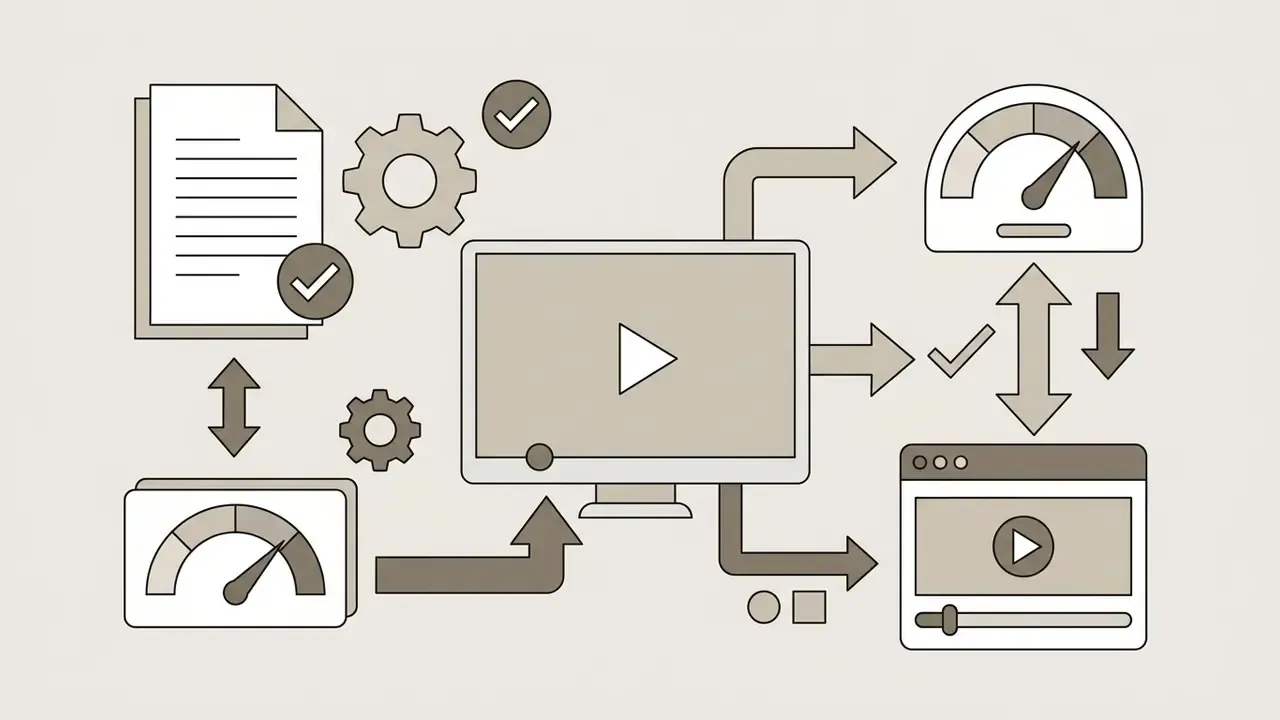 Central video monitor linked to document icons, performance gauges, and playback controls via flow arrows