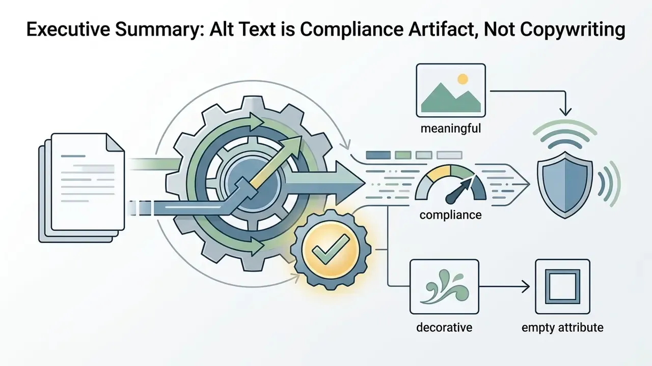 Process flow showing document inputs moving through gears to reach compliance or empty attribute outputs