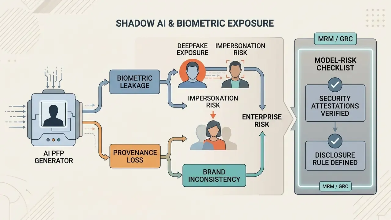 Diagram mapping potential biometric risks and enterprise governance steps for automated avatar creation