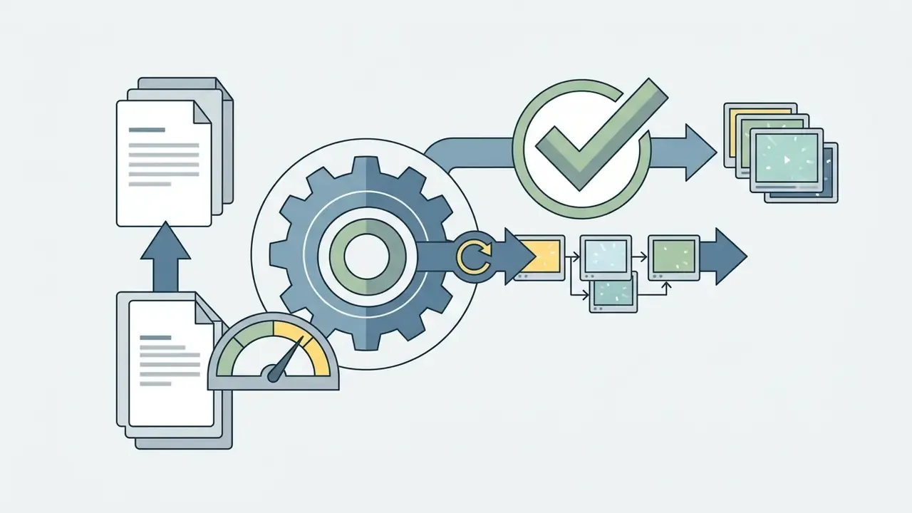 Documents and a gauge feeding into a central gear system that outputs to verified clips and a sequence of frames