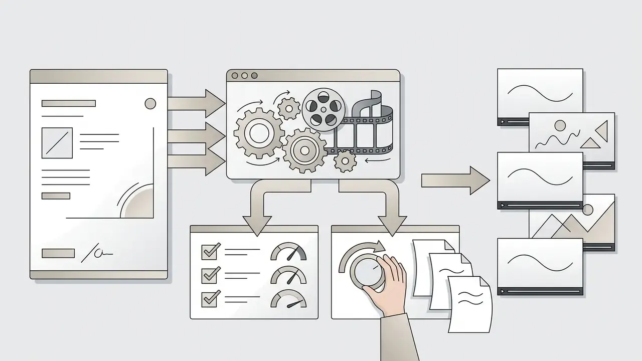 Document feeding into a central gear processing hub that outputs customized video and dashboard metrics