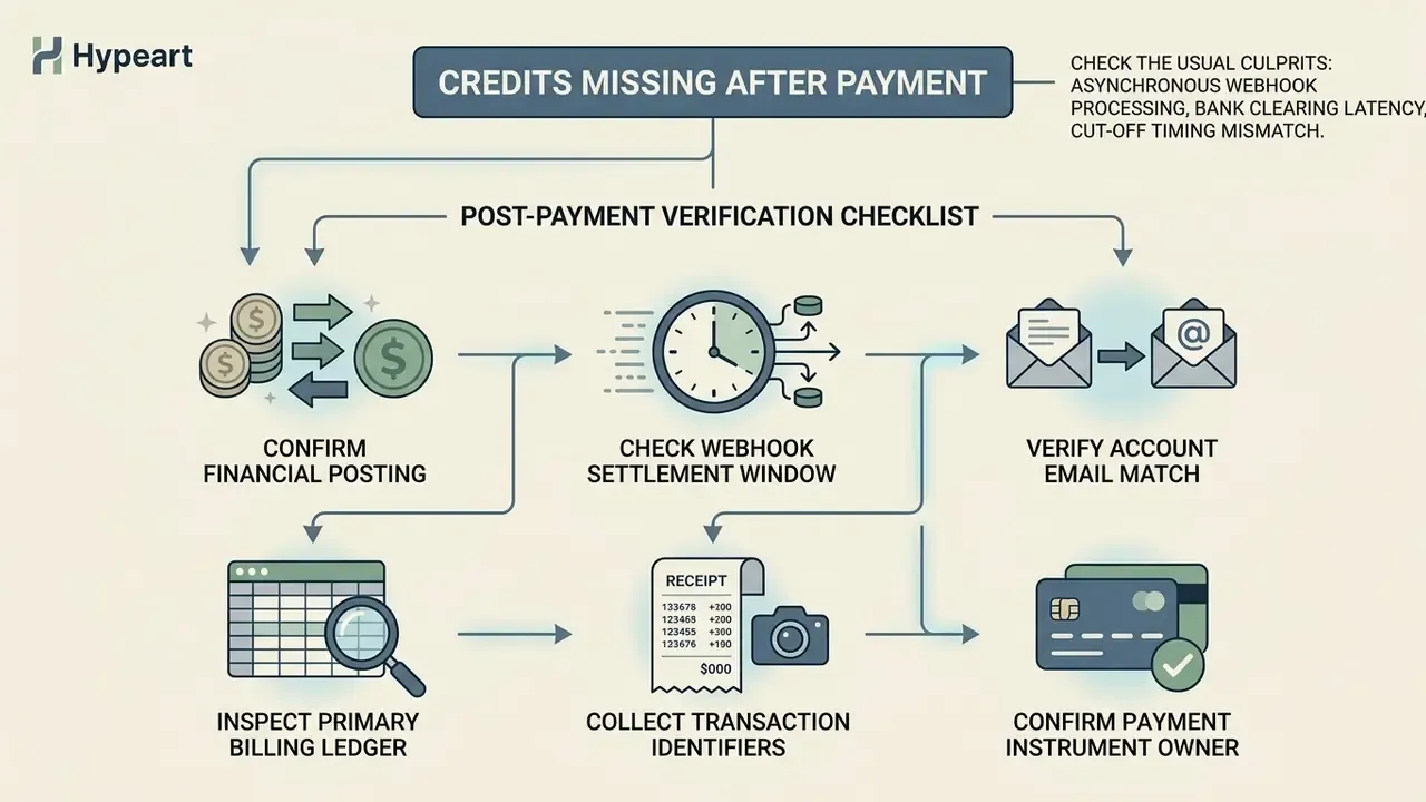 Infographic showing a step-by-step verification process to resolve missing AI credits after a payment