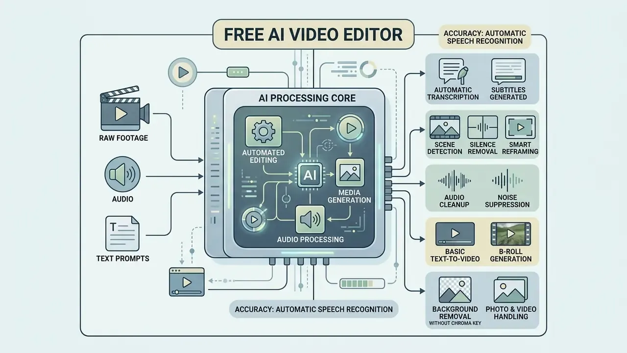 Diagram showing how an AI processing core transforms raw footage, audio, and text into edited video content