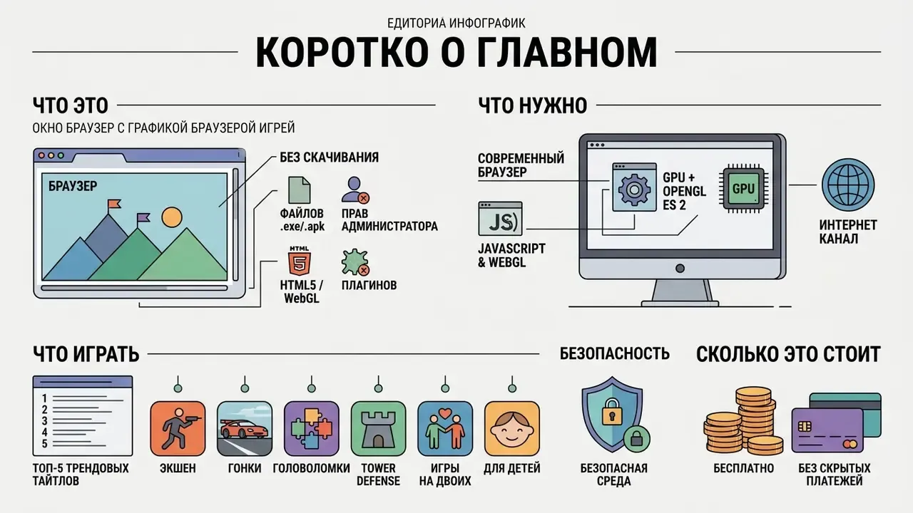 Инфографика об особенностях video games online, их запуске в браузере и необходимых системных требованиях