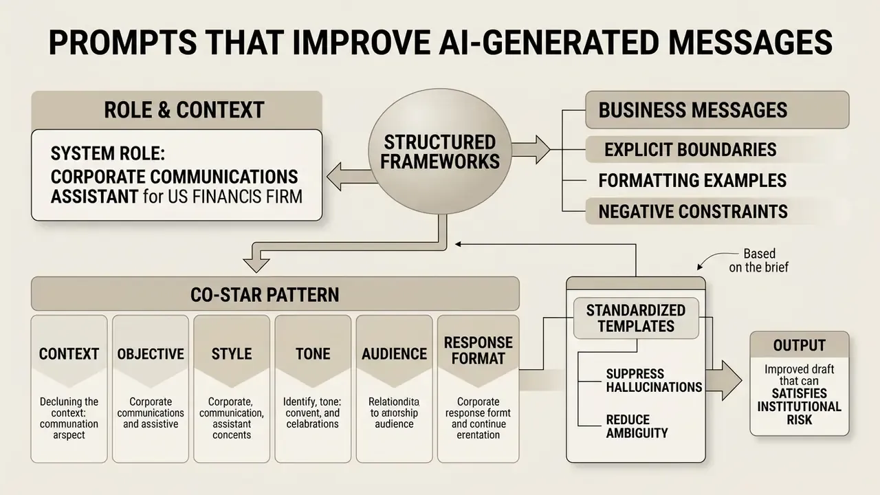 Diagram showing a structured framework for business messaging using role context and the CO-STAR pattern