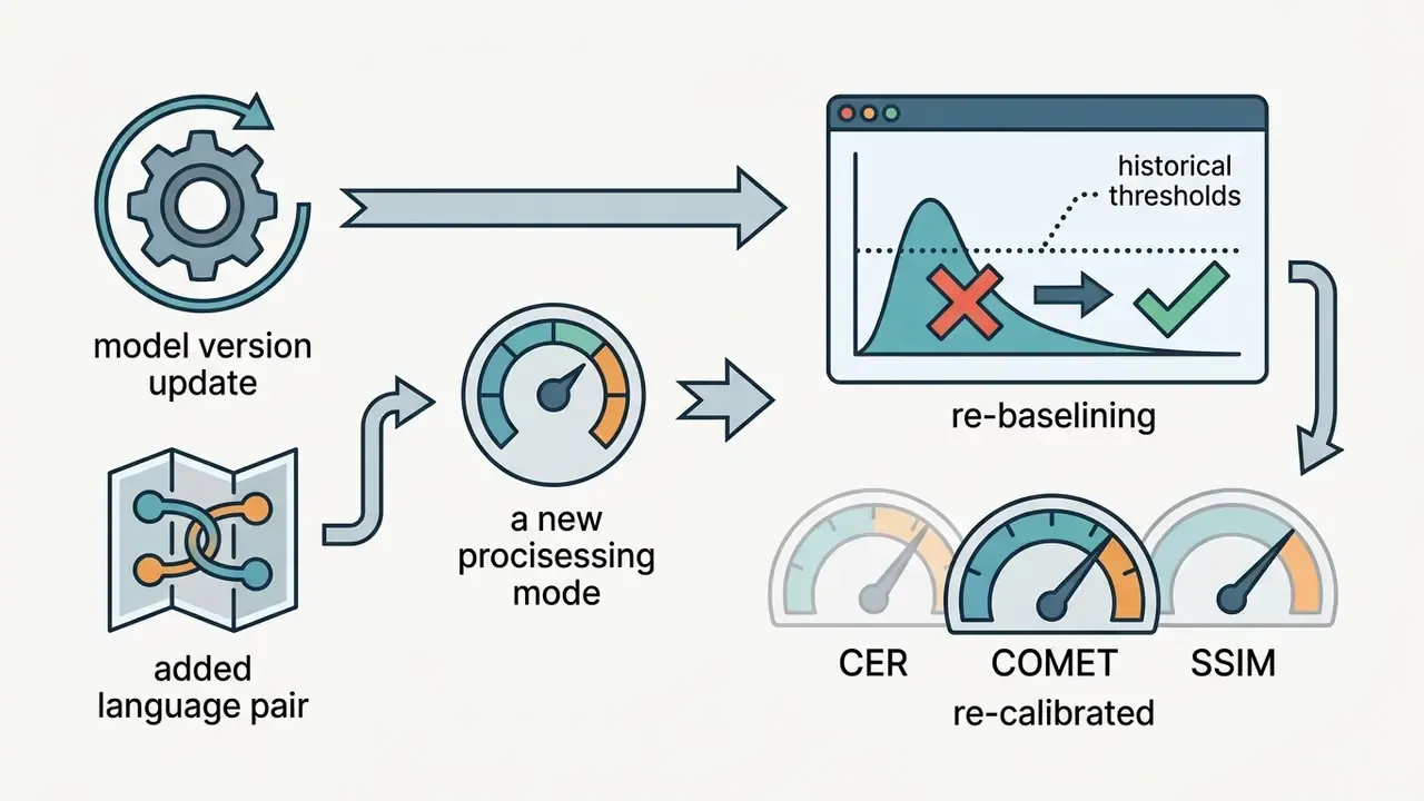 Gear and language icons feeding into performance gauges to re-baseline model thresholds and re-calibrate metrics