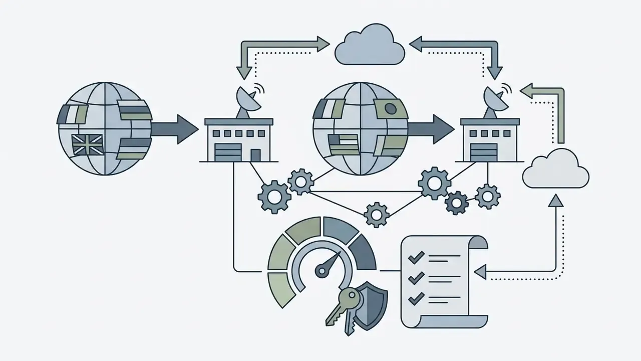Globes with flags connecting to data centers via clouds with gears and a compliance checklist