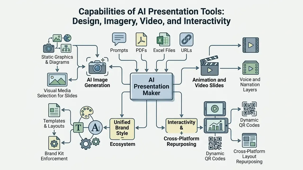 Diagram illustrating how an AI presentation maker integrates various media inputs and design features