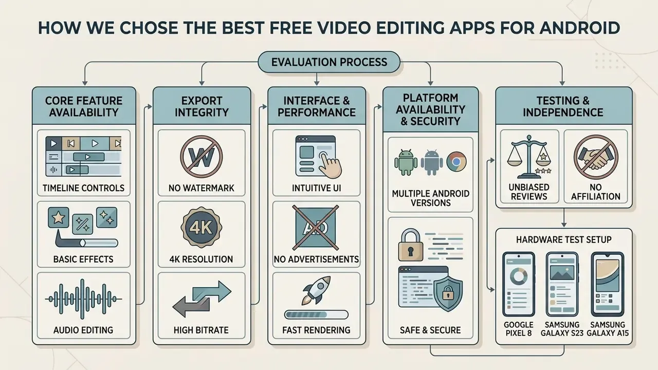Flowchart outlining the criteria for evaluating video editing apps including features and hardware tests