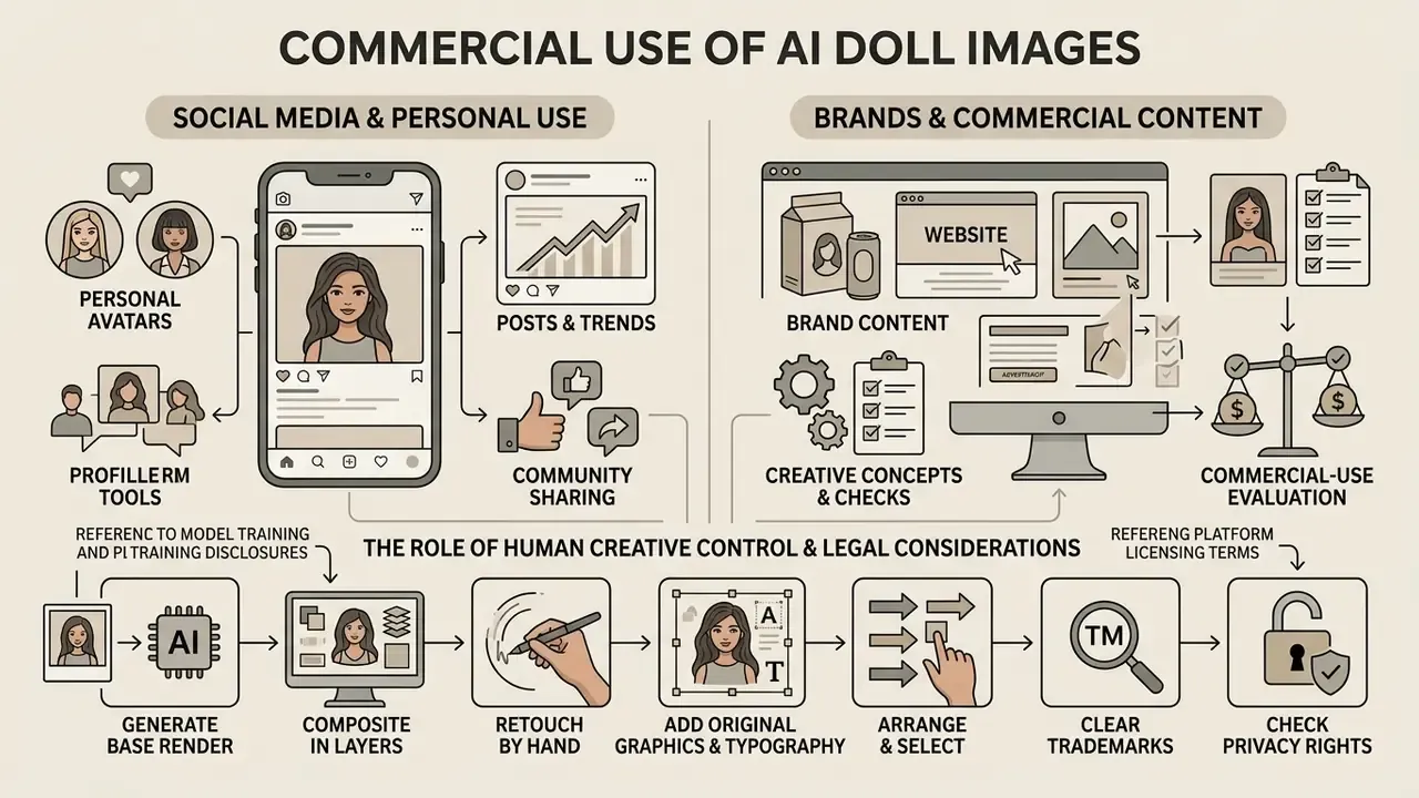 Diagram showing social media use, brand applications, and the creative workflow for digital characters