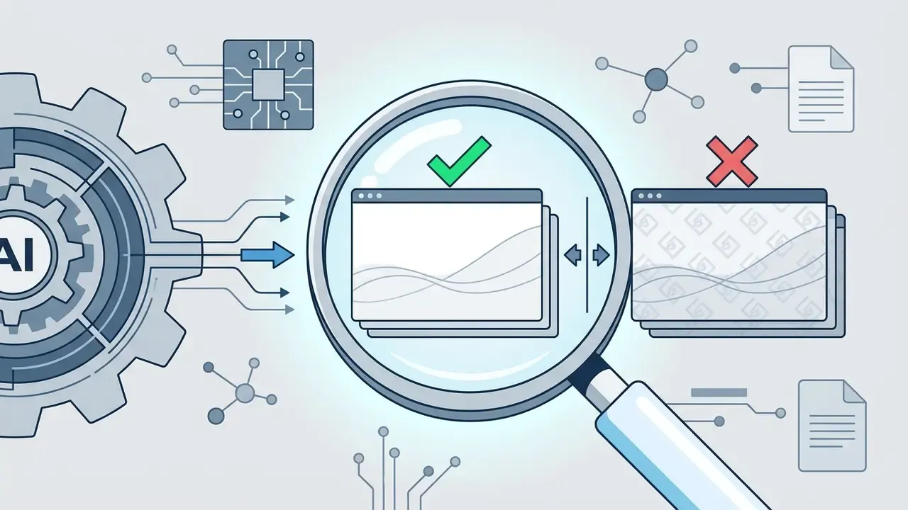 Magnifying glass inspecting slide exports to distinguish between clean files and watermarked versions