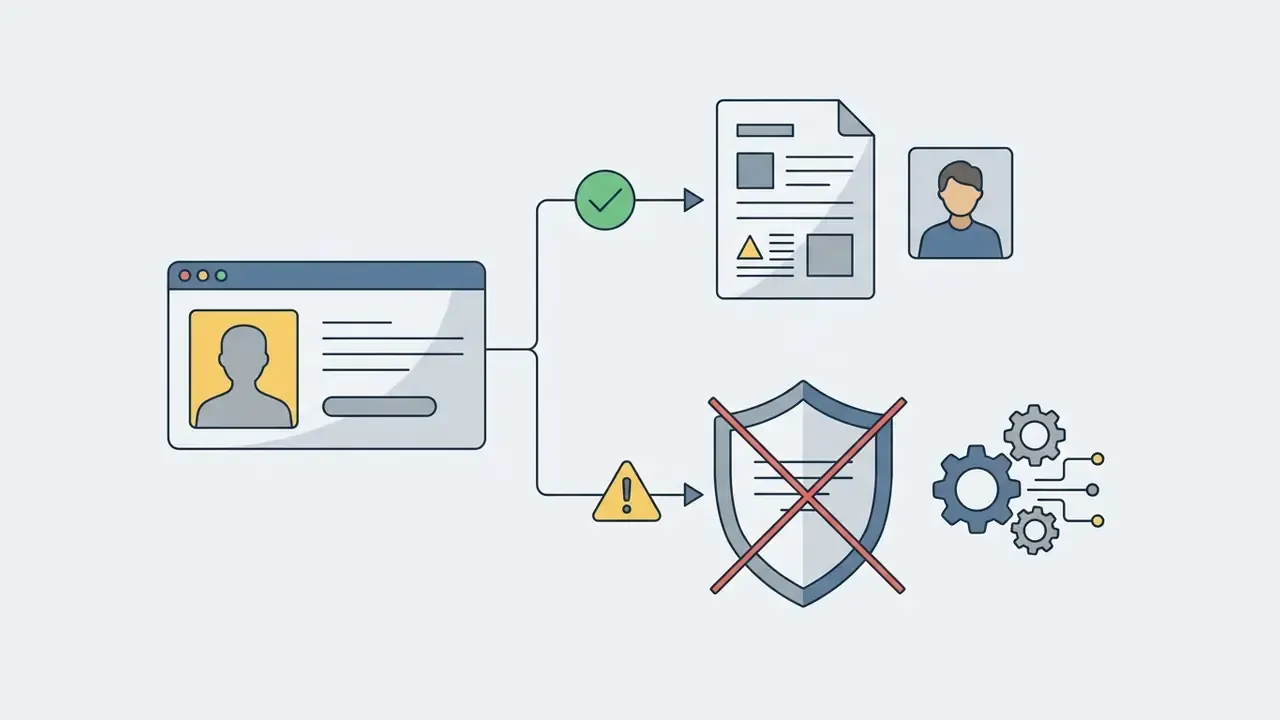 User profile data splitting into approved document access or blocked security and processing paths