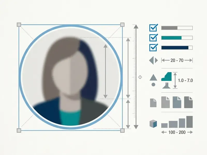 Circular profile photo crop guide showing face positioning and recommended file size and resolution metrics